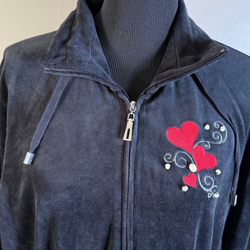 Lynngarbo Black Velour Velvet Hoodie Zip-Up Jacket Embroidered Hearts Sz XL NEW - Picture 2 of 7